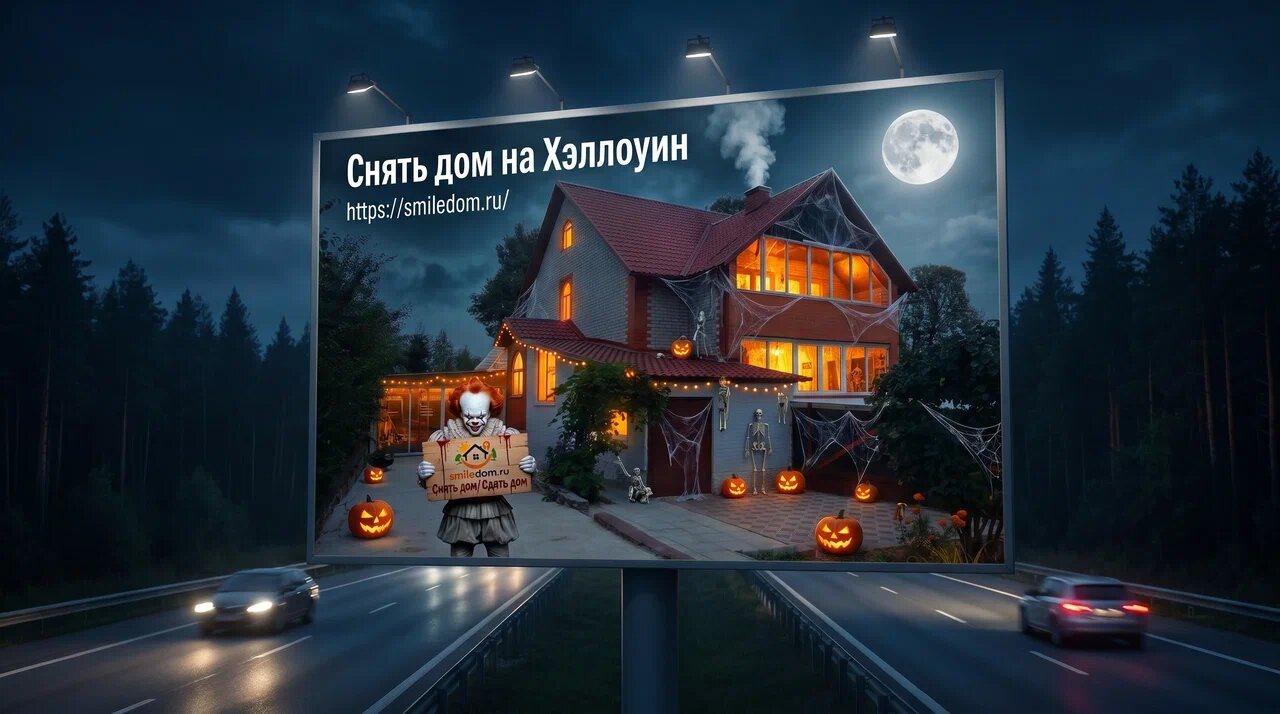 Загородный дом в хэллоуинском декоре: тыквы, паутина, скелеты и подсветка